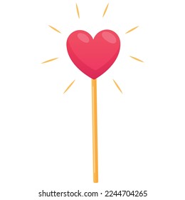 Magic wand with glowing heart, vector isolated cartoon illustration.