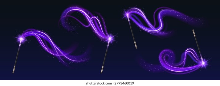  Magic wand with glowing light trail and sparkles realistic vector illustrations. Enchanting spell effect on dark background with shimmering particles and magical energy swirls