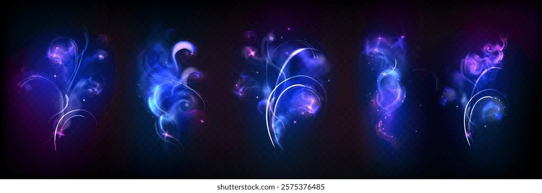 Magic wand glowing trails set with ethereal blue swirls, luminous streaks, shimmering violet sparkles and mystical neon curves on dark background. Enchanted spell casting elements for fantasy design.