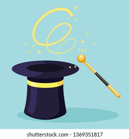 Magic wand with gold ball, black hat isolated on background. Mystery entertainment concept. Vector flat designn