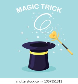 Magic wand with gold heart, black hat isolated on background. Mystery entertainment concept. Vector flat design