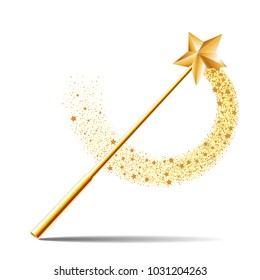 Magia Wand con estrella dorada con mágico rastro espumoso dorado aislado en fondo blanco. Ilustración del vector