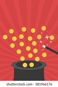 Magic wand with golden coins coming out of black hat