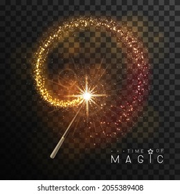 Magic wand with golden glowing shiny trail.  Isolated on black transparent background. Vector illustration