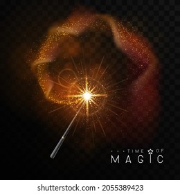 Magic wand with golden glowing shiny trail.  Isolated on black transparent background. Vector illustration