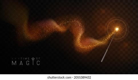 Magic wand with golden glowing shiny trail.  Isolated on black transparent background. Vector illustration