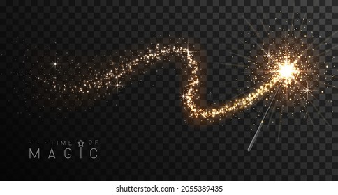 Magic wand with golden glowing shiny trail.  Isolated on black transparent background. Vector illustration