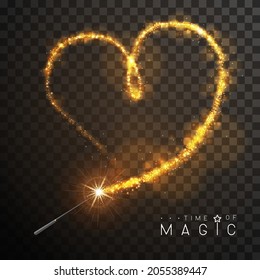 Magic wand with golden glowing shiny trail like love heart. Isolated on black transparent background. Vector illustration