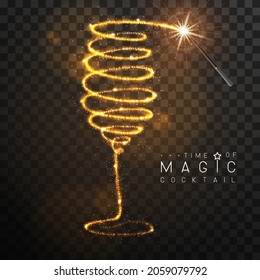 Magic wand with golden glowing shiny trail. Champagne or wine glass silhouette isolated on black transparent background. Vector illustration