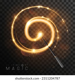 Magic wand with golden glowing shiny trail.  Isolated on black transparent background. Vector illustration