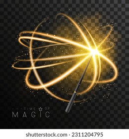 Magic wand with golden glowing shiny trail.  Isolated on black transparent background. Vector illustration