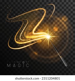 Magic wand with golden glowing shiny trail.  Isolated on black transparent background. Vector illustration