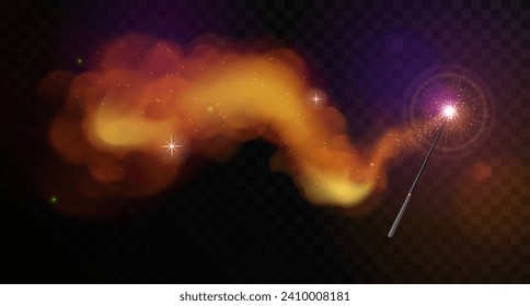 Magic wand with golden glowing shiny trail isolated on black transparent background. Vector illustration