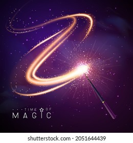 Magic wand with golden neon glowing shiny spiral trail. Vector illustration