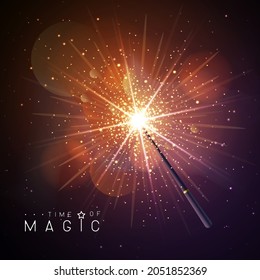 Magic wand with golden neon glowing star. Vector illustration