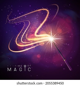 Magic wand with golden neon glowing shiny trail on abstract space background. Vector illustration