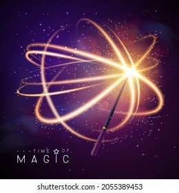 Magic wand with golden neon glowing shiny trail on abstract space background. Vector illustration