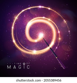 Magic wand with golden neon glowing shiny trail on abstract space background. Vector illustration