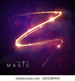 Magic wand with golden neon glowing shiny trail on abstract space background. Vector illustration