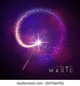 Magic wand with golden neon glowing shiny trail on abstract space background. Vector illustration