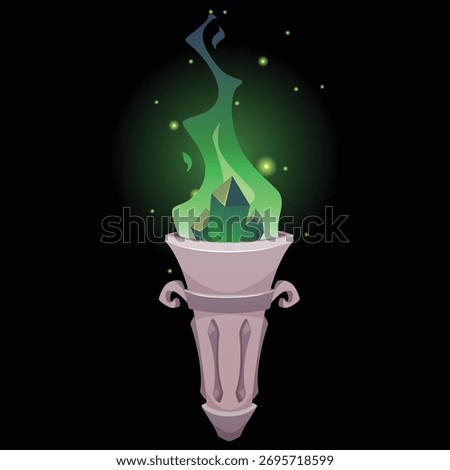Magic wand with green crystal gem stones and fire flame. Cartoon vector fantasy game ancient flambeau fire stone stick. Wizard rod for magical trick and spell. Fairy witchcraft scepter burn torchlight