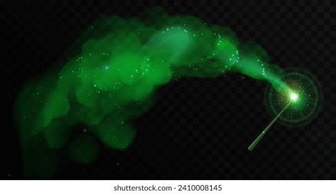 Magic wand with green glowing shiny trail isolated on black transparent background. Vector illustration