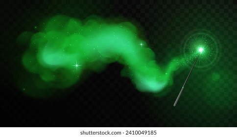 Magic wand with green glowing shiny trail isolated on black transparent background. Vector illustration