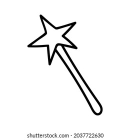 Magic wand for Halloween. Doodle symbol of holiday horror drawn by line. The tool of a witch, wizard or sorcerer. Black outline vector element.