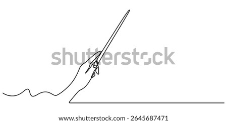magic wand with hand continuous one line drawing, Single one line drawing hand holding magic wand. Decorative magic wand with pro trace. Star shape magic accessory design graphic vector illustration.