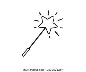 Magic wand hand drawn doodle icon for a princess, fairy. Sketch fabulous and magical Decoration element. Flat line drawing. . Vector illustration