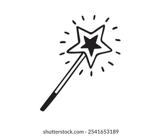 Magic wand hand drawn doodle icon for a princess, fairy. Sketch fabulous and magical Decoration element. Flat line drawing. . Vector illustration