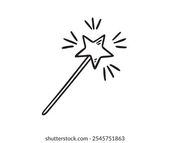 Magic wand hand drawn doodle icon for a princess, fairy. Sketch fabulous and magical Decoration element. Flat line drawing. . Vector illustration