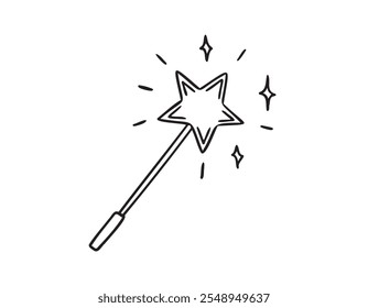 Magic wand hand drawn doodle icon for a princess, fairy. Sketch fabulous and magical Decoration element. Flat line drawing. . Vector illustration