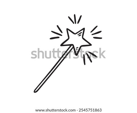 Magic wand hand drawn doodle icon for a princess, fairy. Sketch fabulous and magical Decoration element. Flat line drawing. . Vector illustration