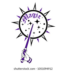 Magic wand. Hand drawn vector illustration. Can be used for coloring book, stickers, tattoo, print, t-shirt, poster, icon and cards.