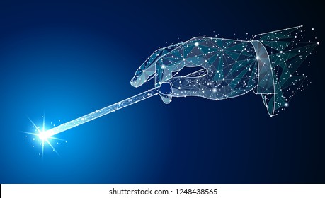 Magic wand. Hand holding a Abstract design. In the form of stars and space. polygonal image mash line.For Poster, Cover, Label, Sticker, Business Card Vector illustration.