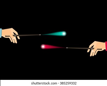 Magic wand. Hand holding a wand on a black background. Magical flash. Vector illustration.