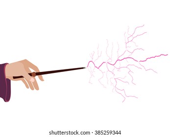 Magic wand. Hand holding a wand on a white background. Lightning spell. Vector illustration.