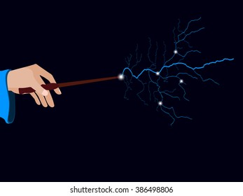 Magic wand. Hand holding a wand on a black background. Lightning spell. Vector illustration.