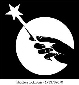 magic wand in hand with a star at the end, black and white logo