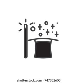 Magic wand and magic hat filled outline icon, line vector sign, linear colorful pictogram isolated on white. Festival symbol, logo illustration. Pixel perfect vector graphics