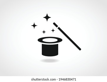 Magic wand and hat icon. Black vector icon isolated on white background.