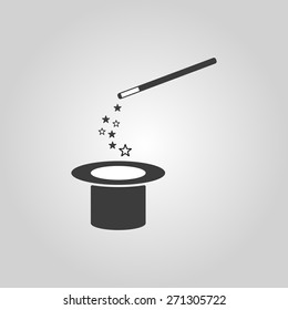 The magic wand and hat icon. Trick symbol. Flat Vector illustration
