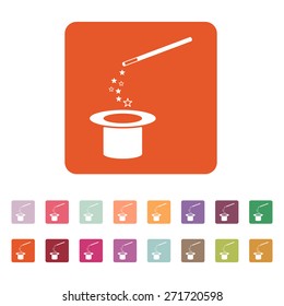 The magic wand and hat icon. Trick symbol. Flat Vector illustration. Button Set