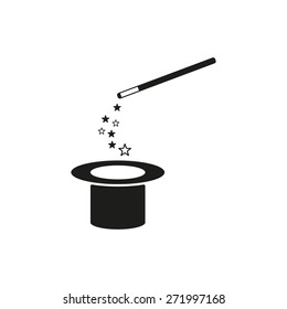 The magic wand and hat icon. Trick symbol. Flat Vector illustration