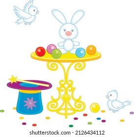 Magic wand, a hat of an illusionist, a small beautiful table, white birds and a cute little rabbit for conjuring tricks in a circus show, vector cartoon illustration isolated on a white background