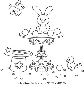 Magic wand, a hat of an illusionist, a small beautiful table, white birds and a cute little rabbit for conjuring tricks in a circus show, black and white outline vector cartoon illustration