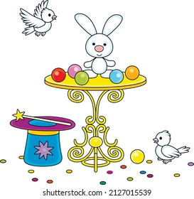 Magic wand, a hat of an illusionist, a small beautiful table, white birds and a cute little rabbit for conjuring tricks in a circus show, vector cartoon illustration isolated on a white background