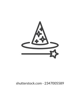 Magic wand and hat line icon. linear style sign for mobile concept and web design. Magician hat and wand outline vector icon. Symbol, logo illustration. Vector graphics