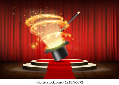 Magic wand and hat on stage with curtain. Focus and entertainment. Stock vector illustration.